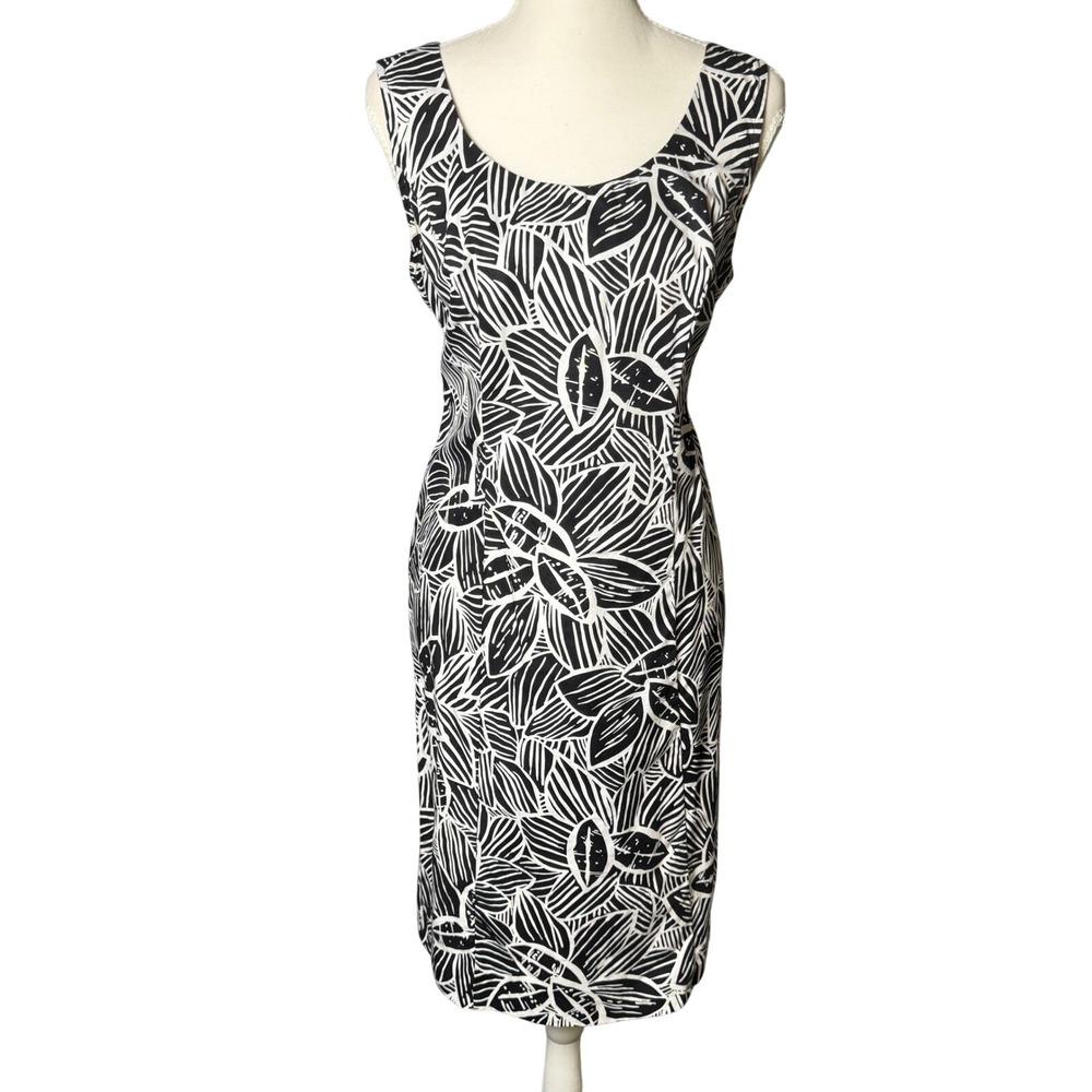 Robbie Bee 12P Petite Black White Leaf Print Cotton Sheath Dress Sleeveless